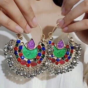Pure Vintage Afghan Earrings, Antique Kuchi Earrings with Bells, Multicolor Hoop